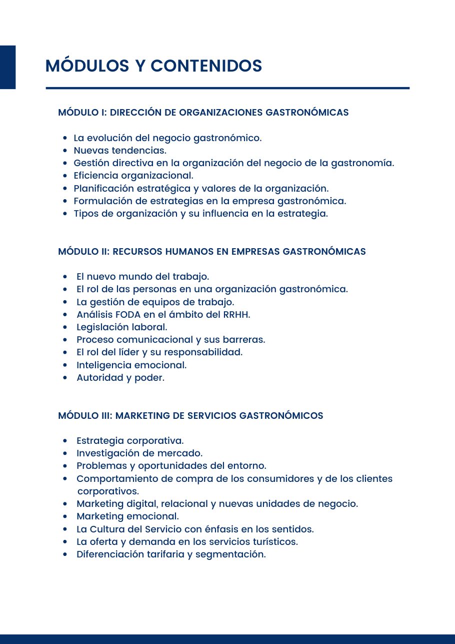 Diplomado en Administración Gastronómica, página 5 del folleto
