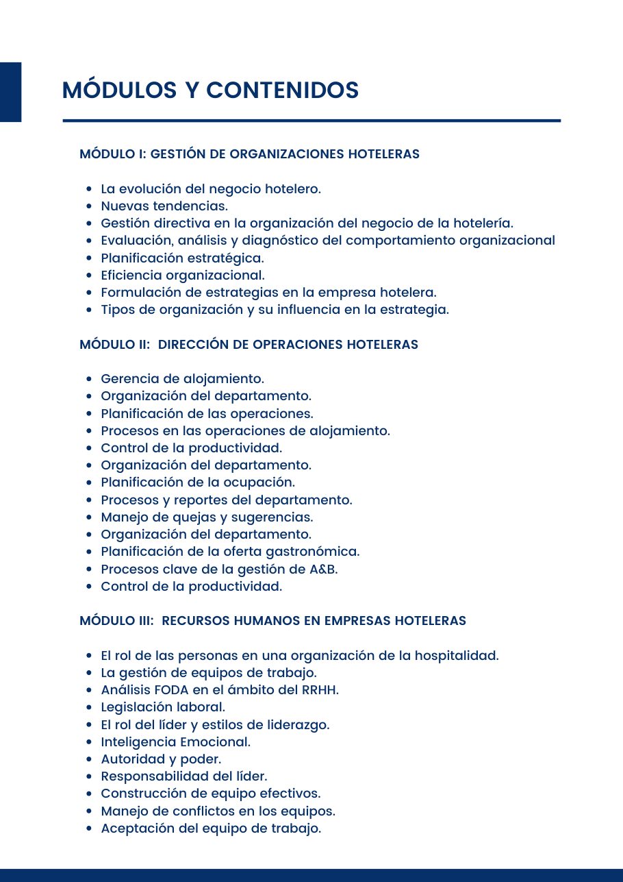 Diplomado en Gestión de Servicios Hoteleros, página 5 del folleto