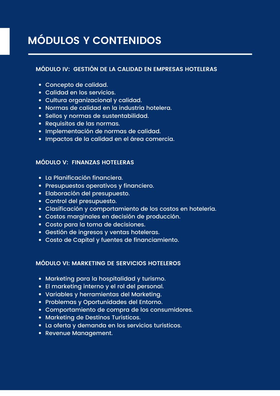 Diplomado en Gestión de Servicios Hoteleros, página 6 del folleto