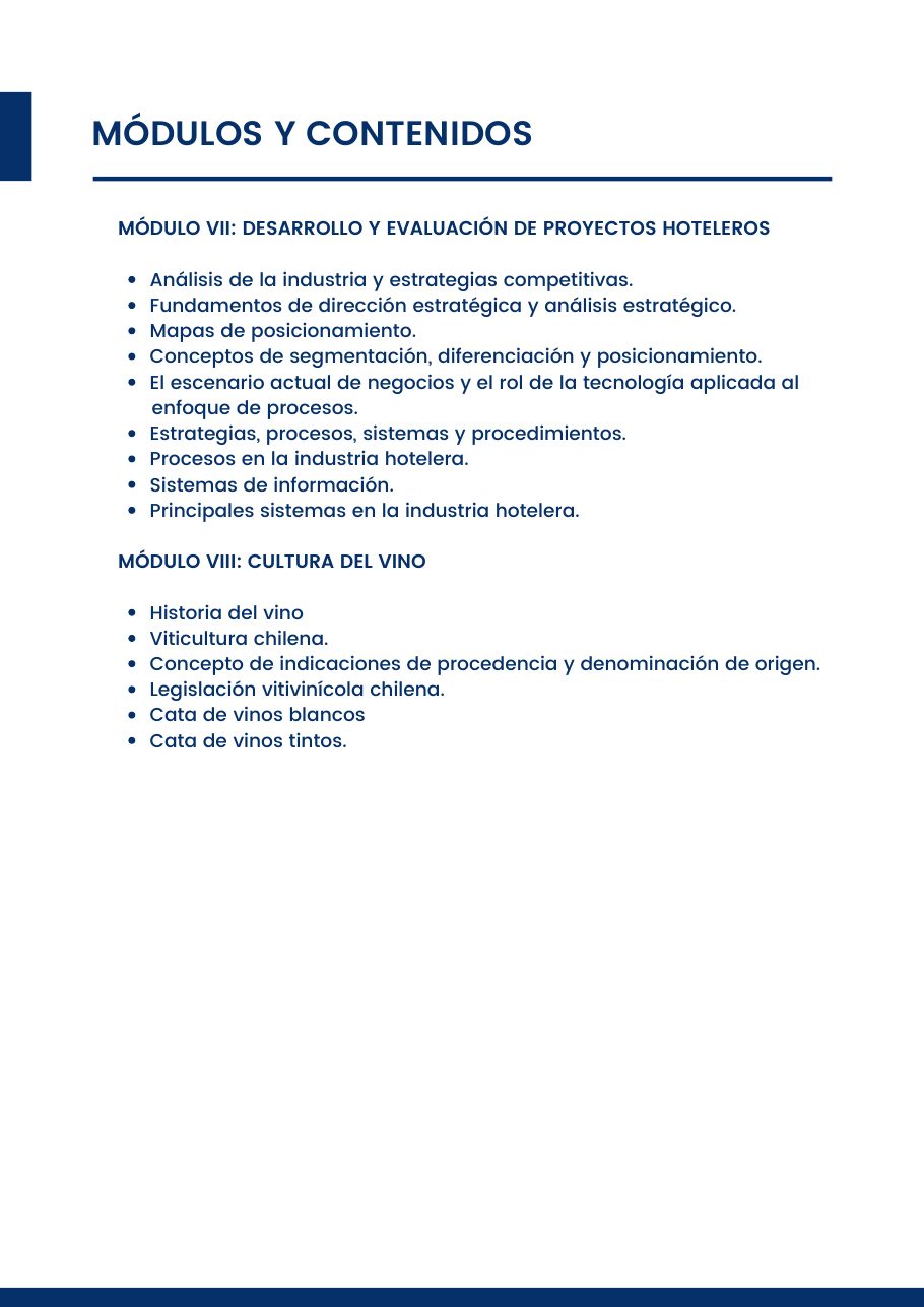 Diplomado en Gestión de Servicios Hoteleros, página 7 del folleto